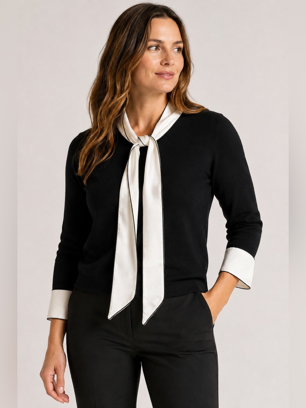 Alice + Olivia Women’s Extra Large Justina‎ Wool Bow Sweater Black White